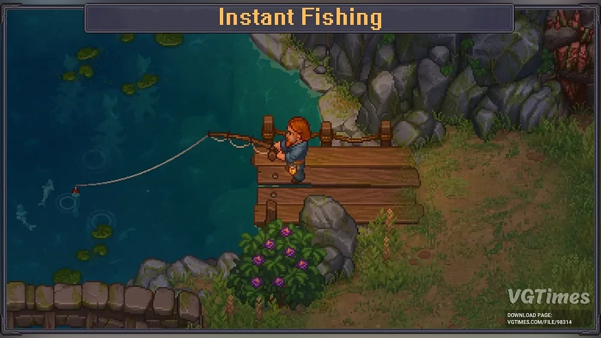 The Keeper fishing from a pier in Graveyard Keeper 2