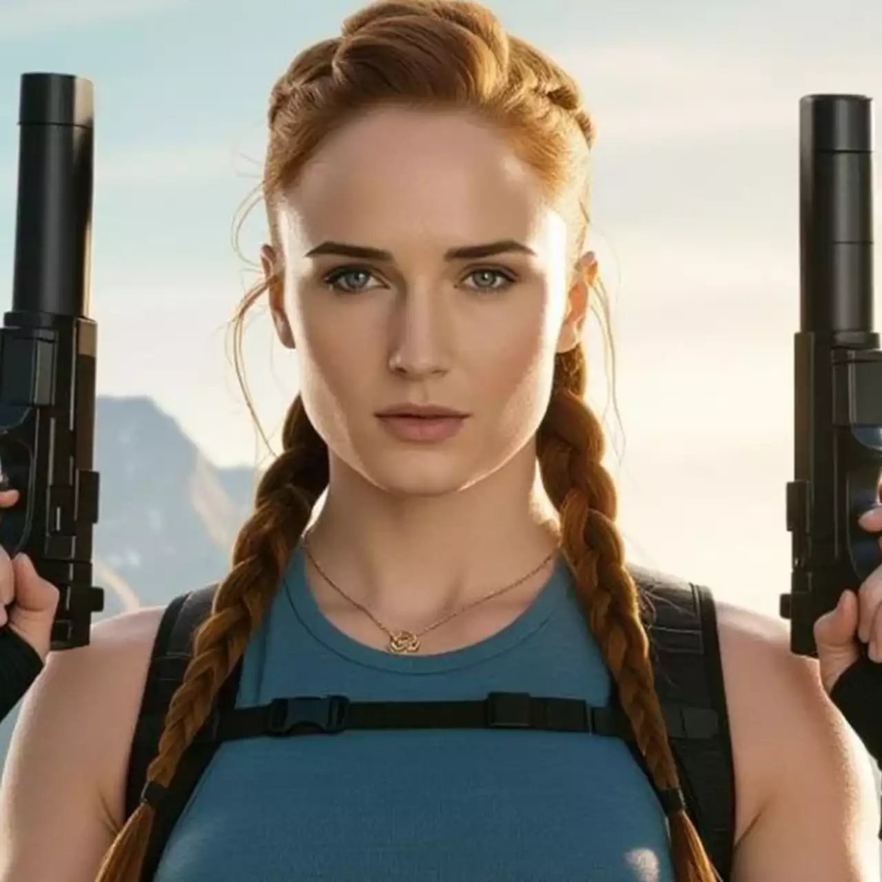 Our new Lara Croft. Sophie Turner got into the frame on the set of the Tomb Raider series in the night forest